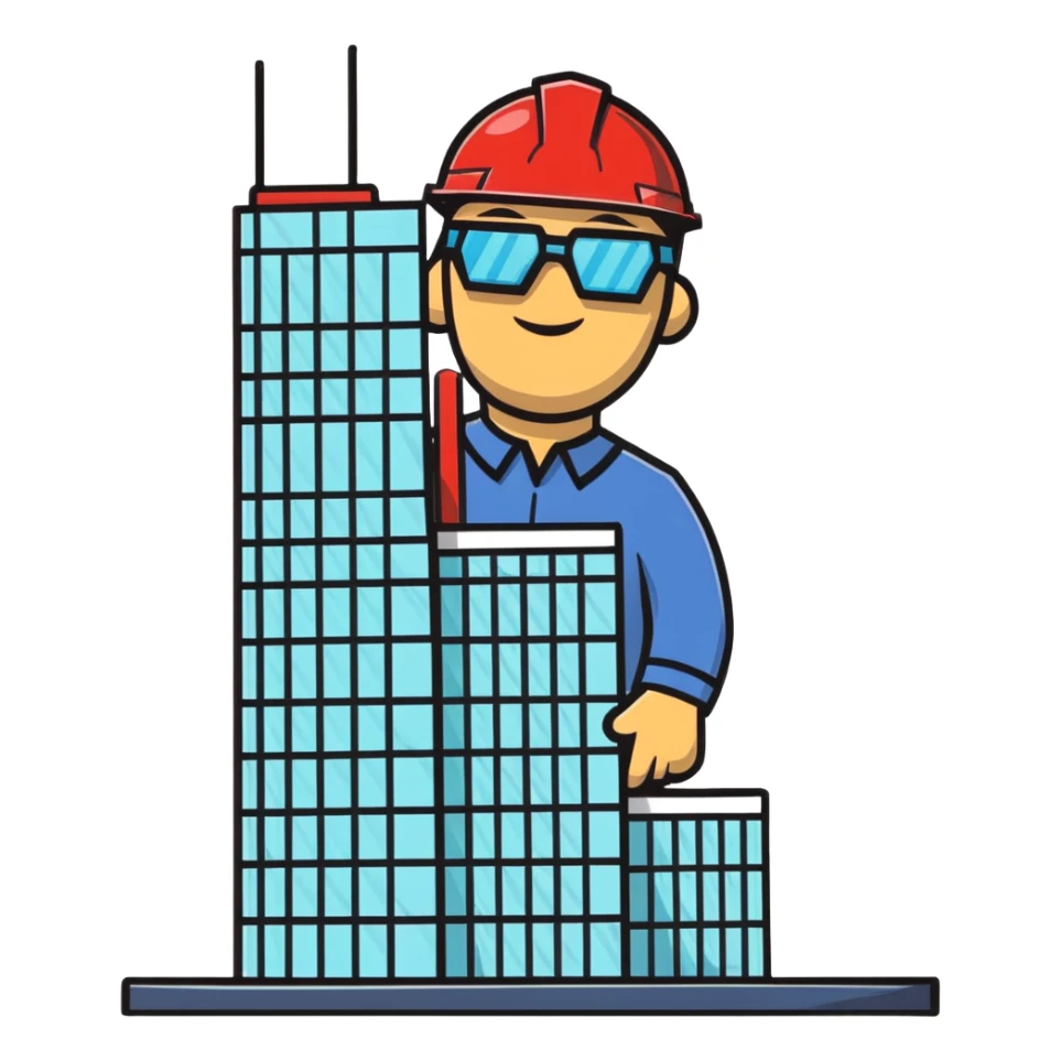 man building a model of a skyscraper wearing transparent safety glasses sticker