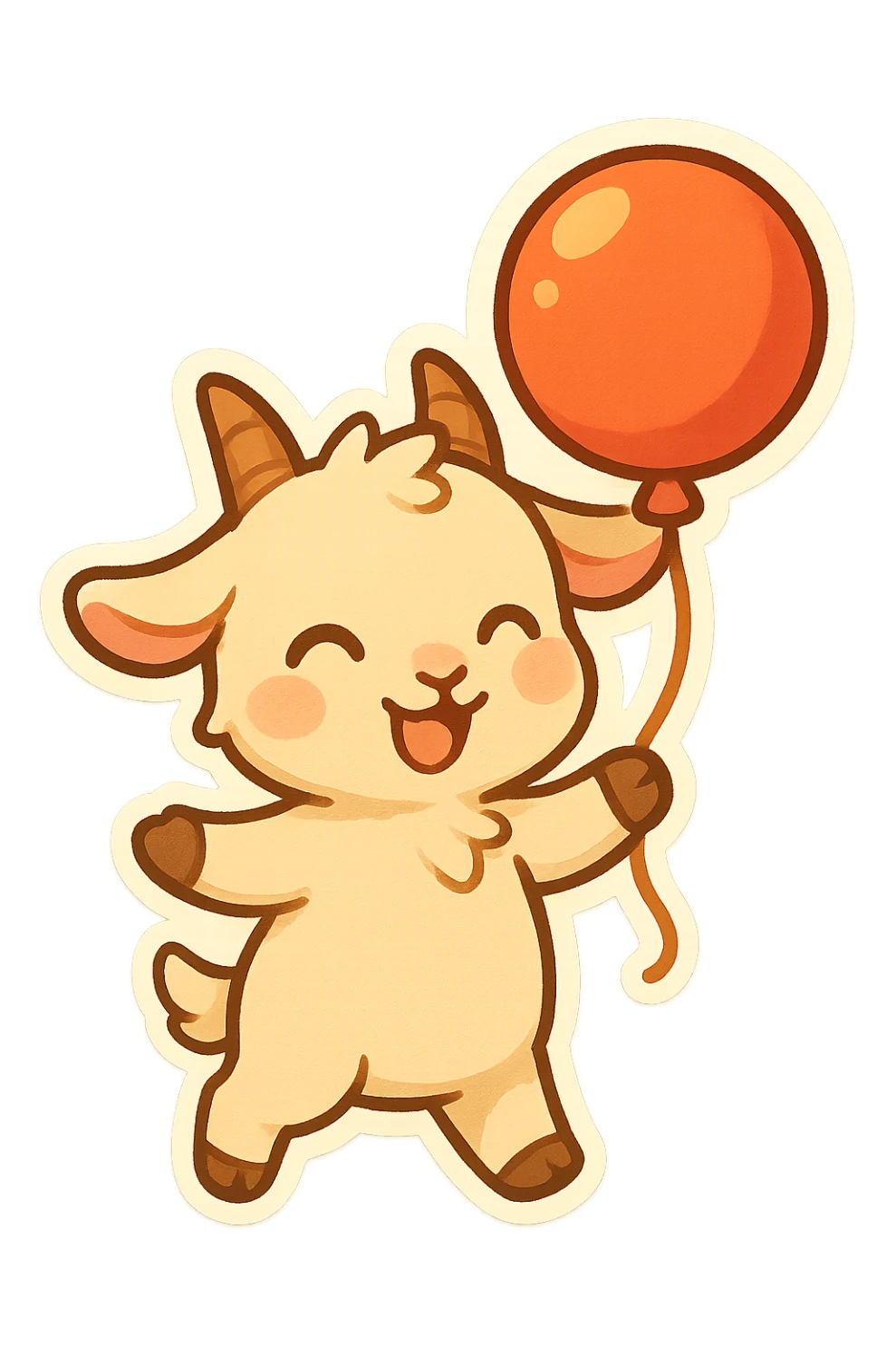 chibi goat, joyful, holding a balloon, bright colors, simple background sticker