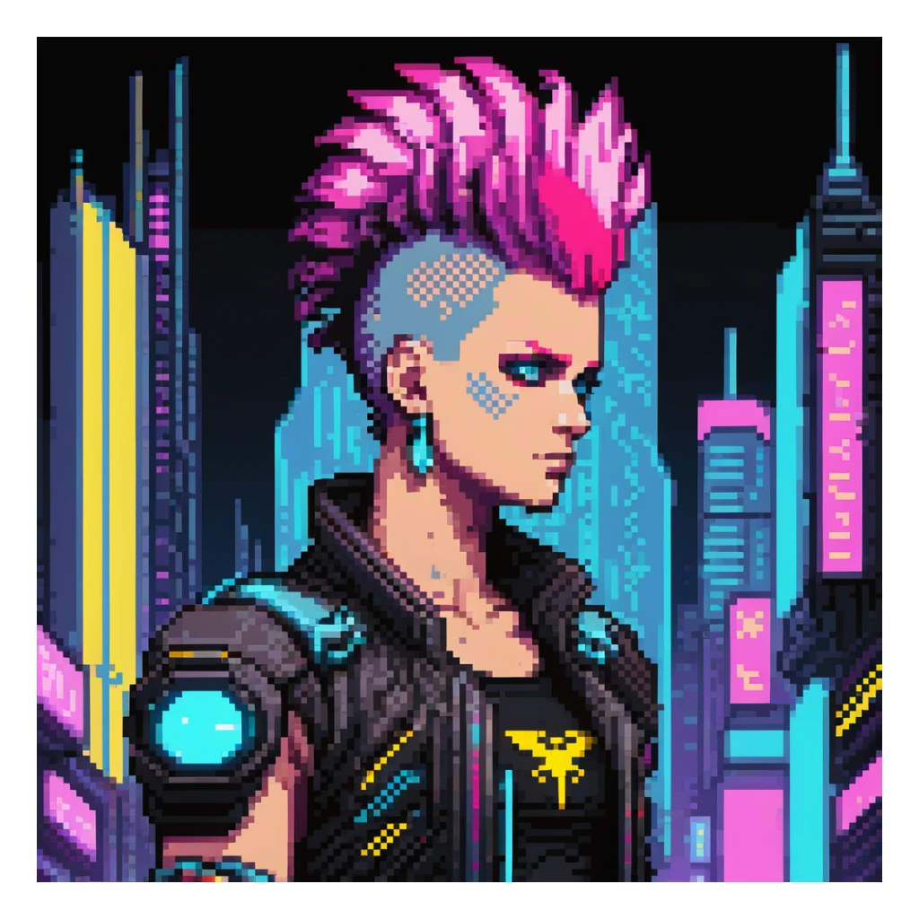 cyberpunk 2077 character with neon mohawk in a futuristic city background, pixel art style sticker