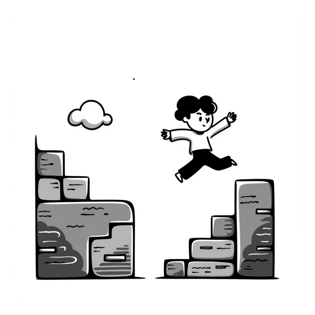 pixel art of a retro side-scrolling video game scene with blocks, platforms, clouds, and a character jumping, 8-bit Game Boy style sticker