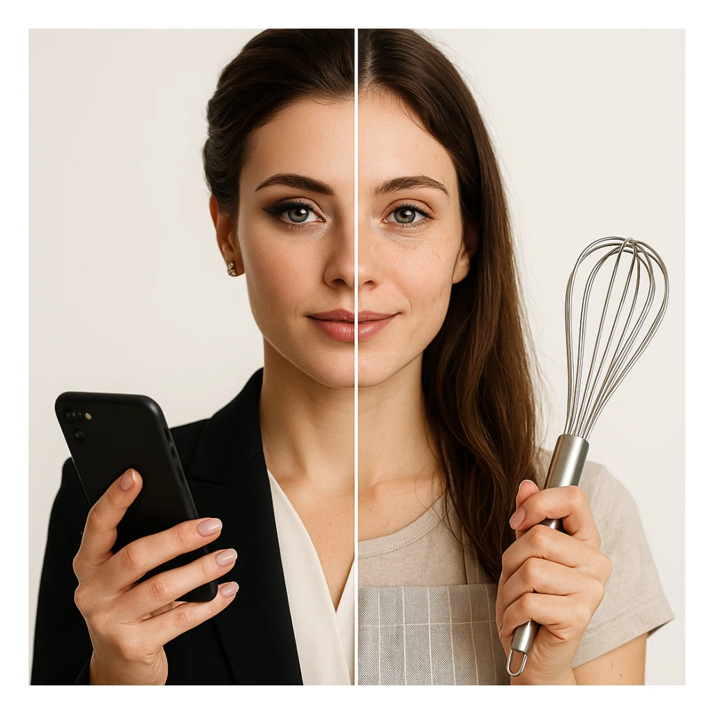 4K hyper realistic split-image of a beautiful woman: left side with elegant makeup, updo, business dress, holding a phone; right side natural, hair down, kitchen apron, holding a whisk, gentle smile, symmetrical, white background, clear contrast sticker