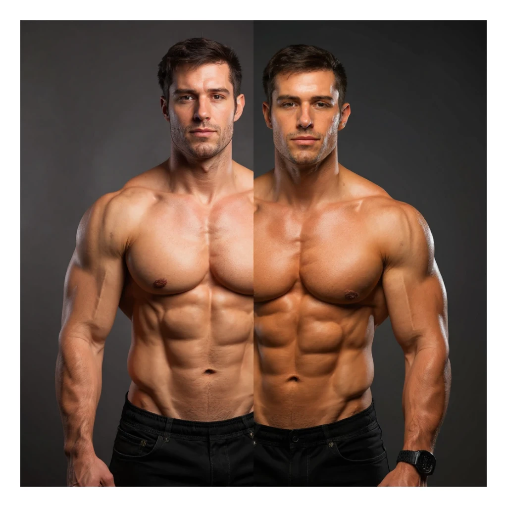 Realistic style image of a shirtless male bodybuilder, half body in mass version, half body in definition version, muscles and skin well highlighted. Neutral background. Relaxed expression. sticker