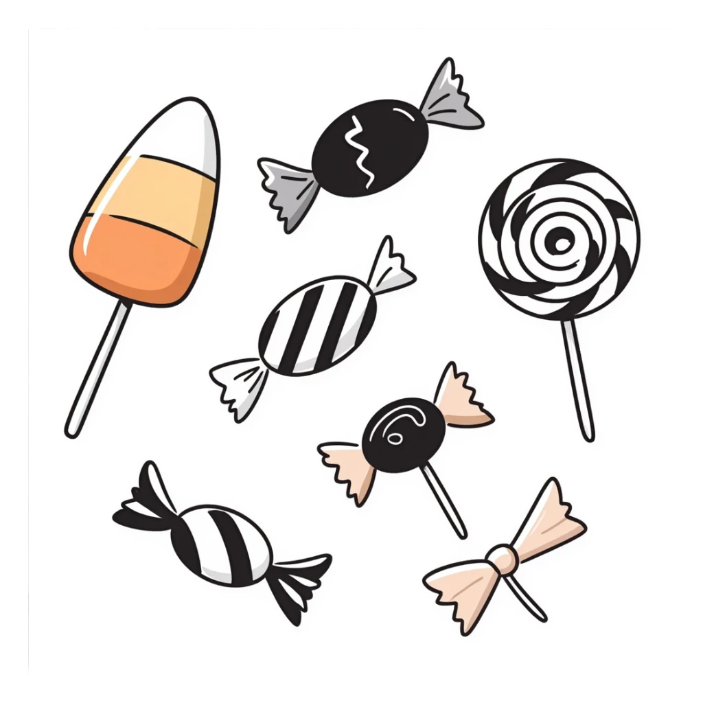 Halloween candy assortment with candy corn, wrapped candies, and lollipops in pastel colors (dd9fb0, ffc6d3, a3bfc9, c4bee2, f1b091), hand-drawn doodle style sticker