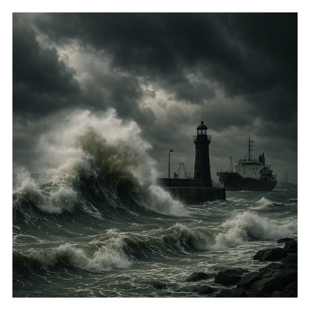 photorealistic port with stormy weather, dramatic waves sticker