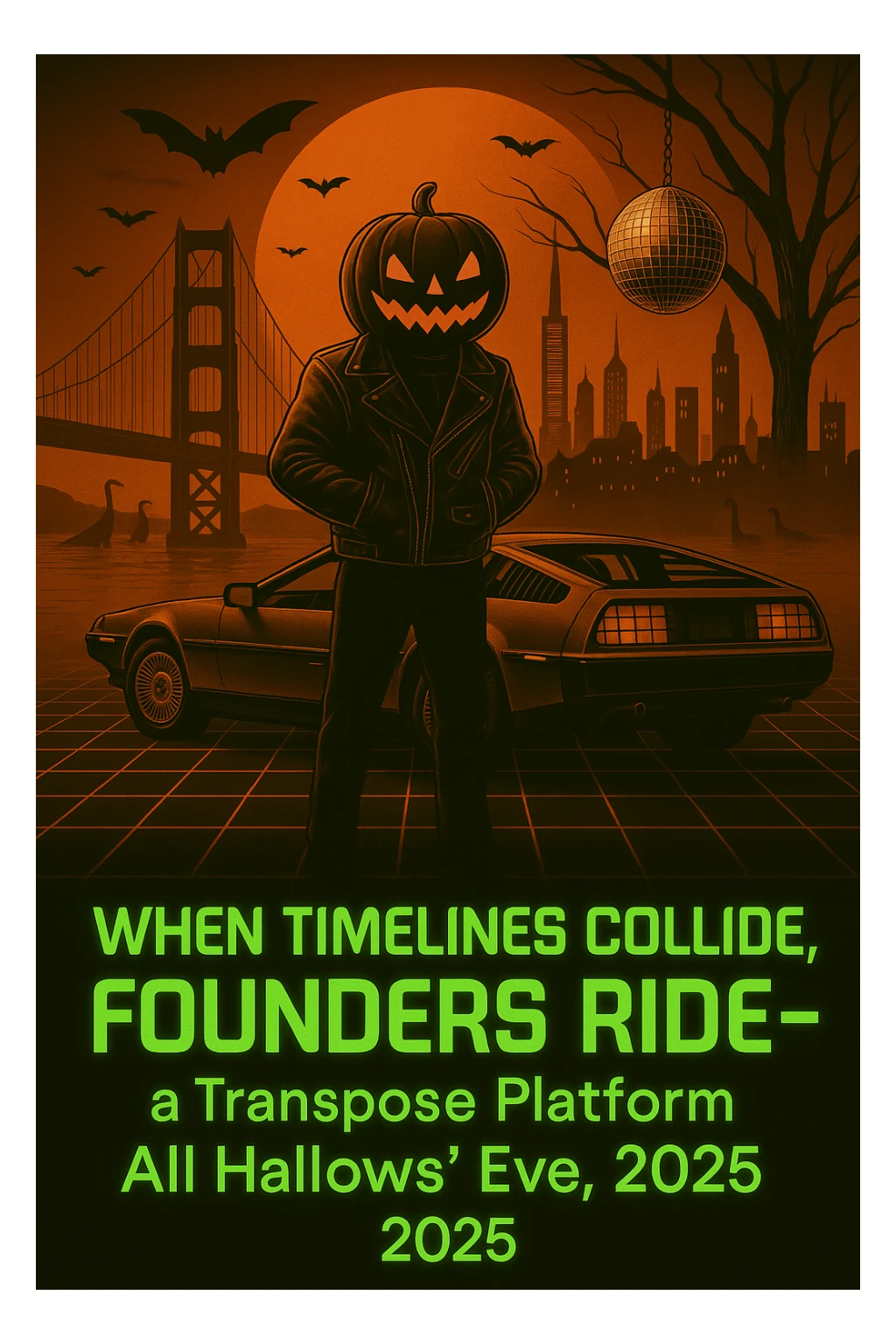 Add the words below the DeLorean, make the words neon retro green, When Timelines collide, Founders ride — a Transpose Platform All Hallows’ Eve, 2025.  sticker