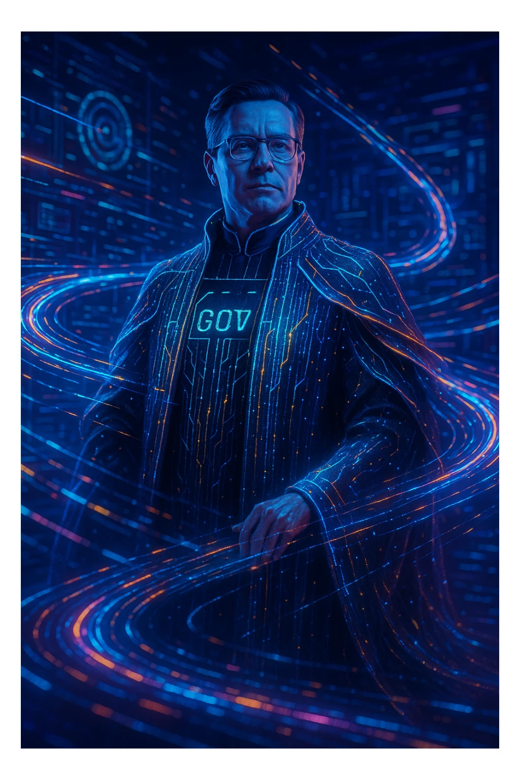 a data Governor, stylized as a tech leader, wearing a digital robe or cape, with data streams flowing around sticker