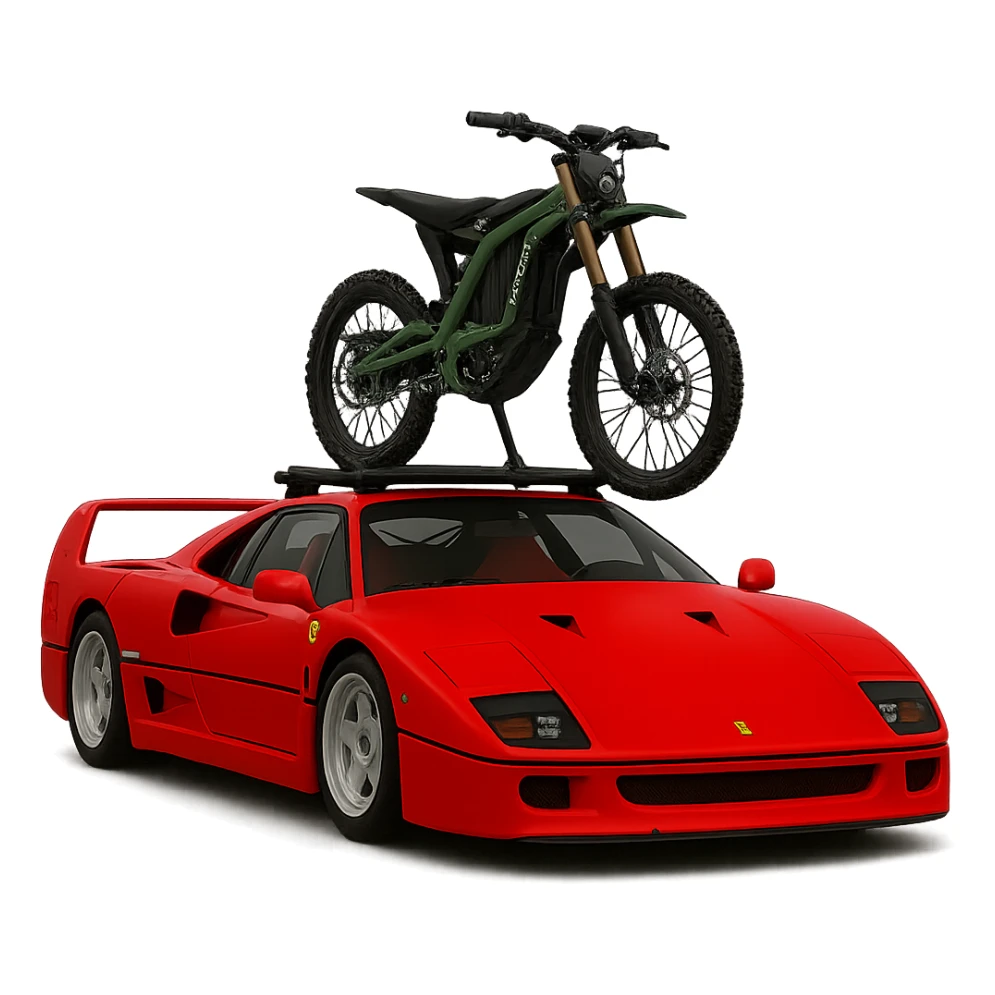 Replace the two bikes with one Sur-Ron electric bike with a green frame, mounted on the roof rack of the realistic Ferrari F40. Keep the background transparent. sticker