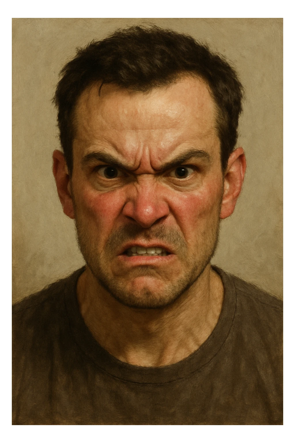 a mad person with furrowed brows, clenched jaw, intense eyes, red cheeks, neutral background sticker