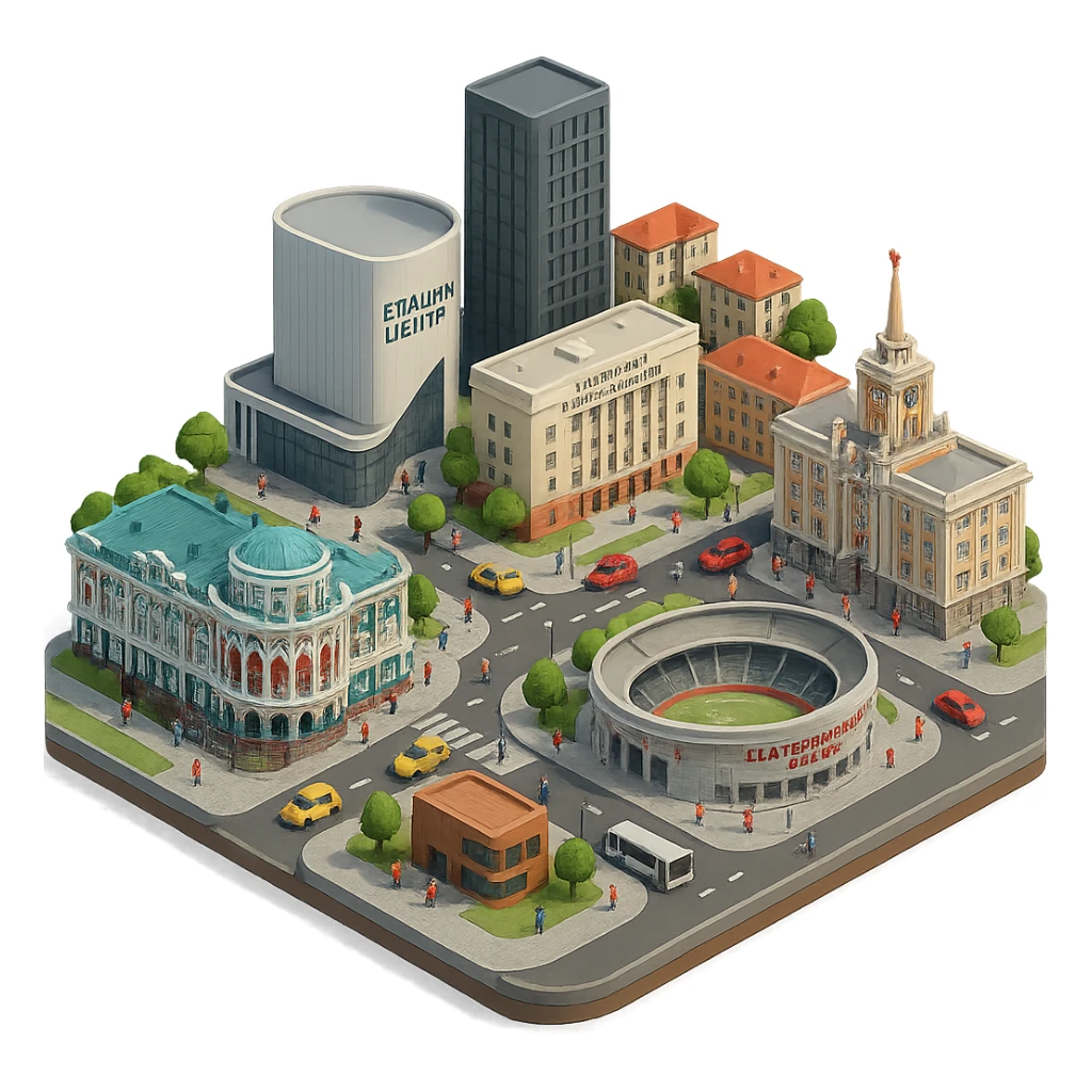 Изометричная миниатюрная фотореалистичная 3D модель Екатеринбурга - Дом Севастьянова, Ельцин-центр, Уральский федеральный университет, дома, Екатеринбург Арена, Медный дом, Здание Свердловского городского совета народных депутатов четкая детализация, яркие цвета, мультяшный реализм, люди, автотранспорт, компактная композиция, вид сверху в изометрии, прозрачный фон sticker