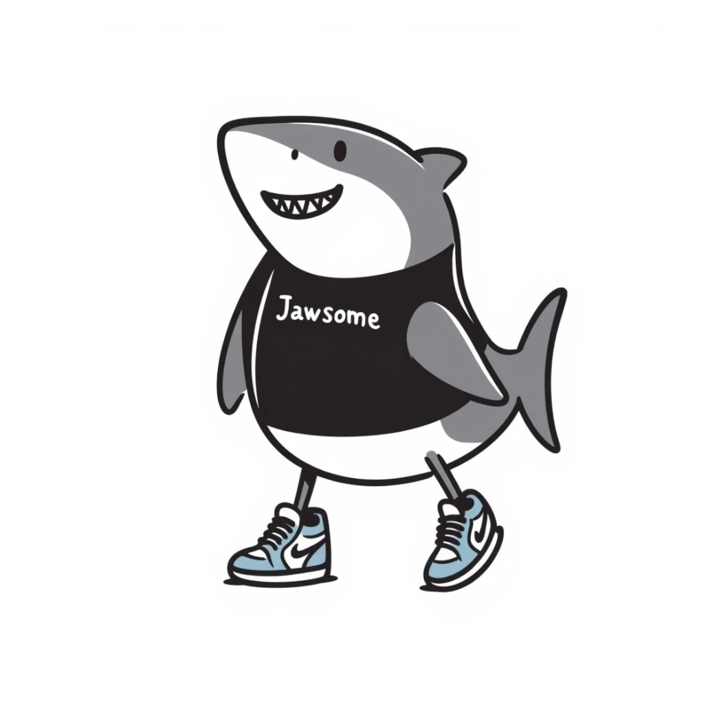 shark with legs wearing light blue Nike sneakers, black line doodle style, white background sticker