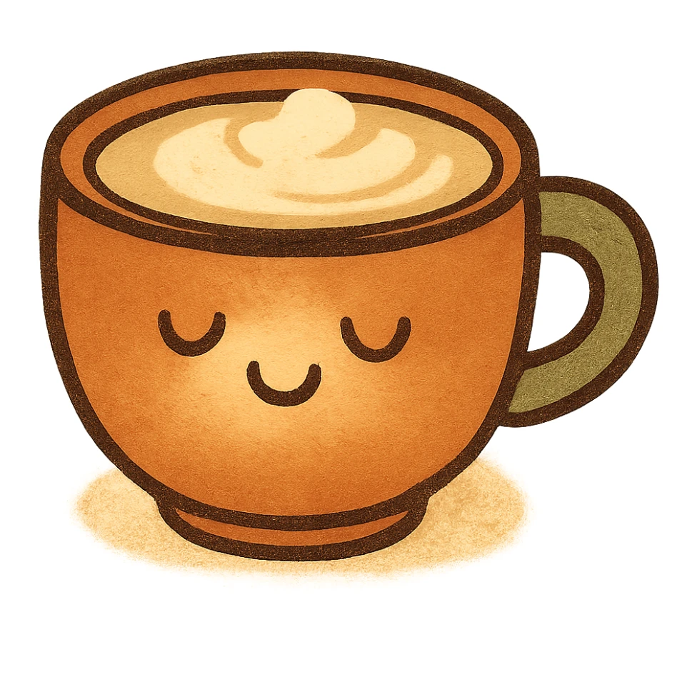cute cappuccino cup, cartoon style, warm colors, no saucer, friendly expression sticker