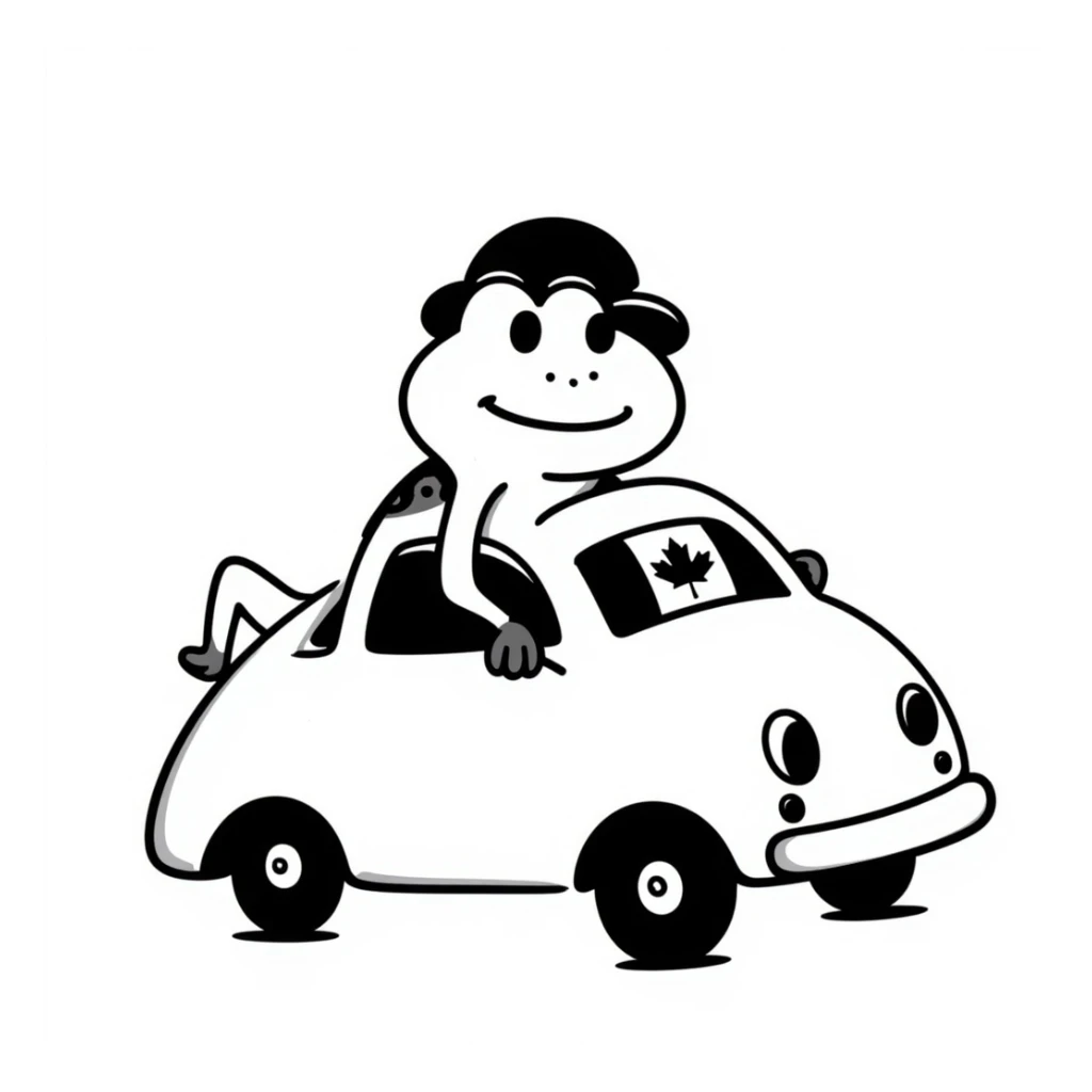 a frog riding a car with a Canadian flag on the windshield, hand drawn doodle style sticker