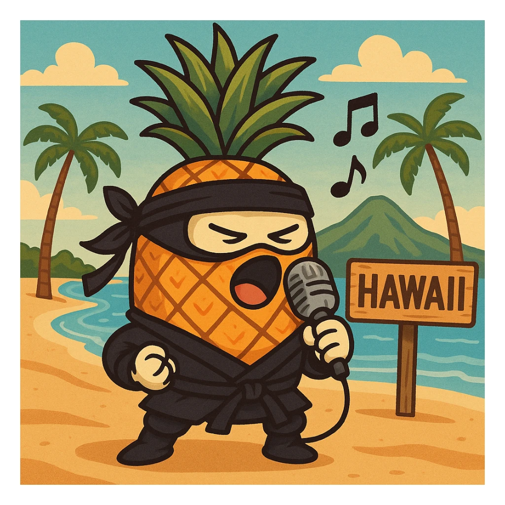 a pineapple singing in Hawaii, wearing a ninja costume sticker