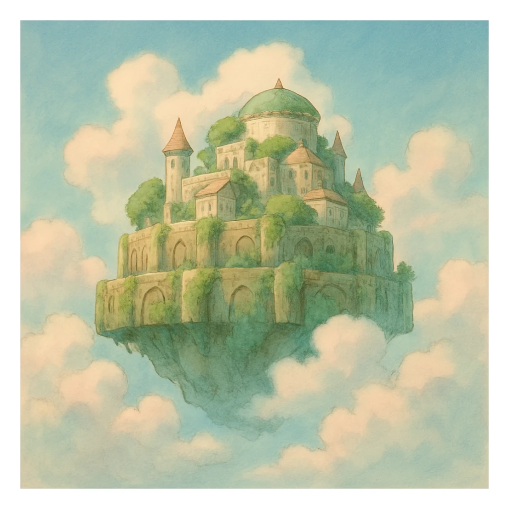 a floating castle with clouds, ghibli style, dreamy, ethereal, soft colors sticker