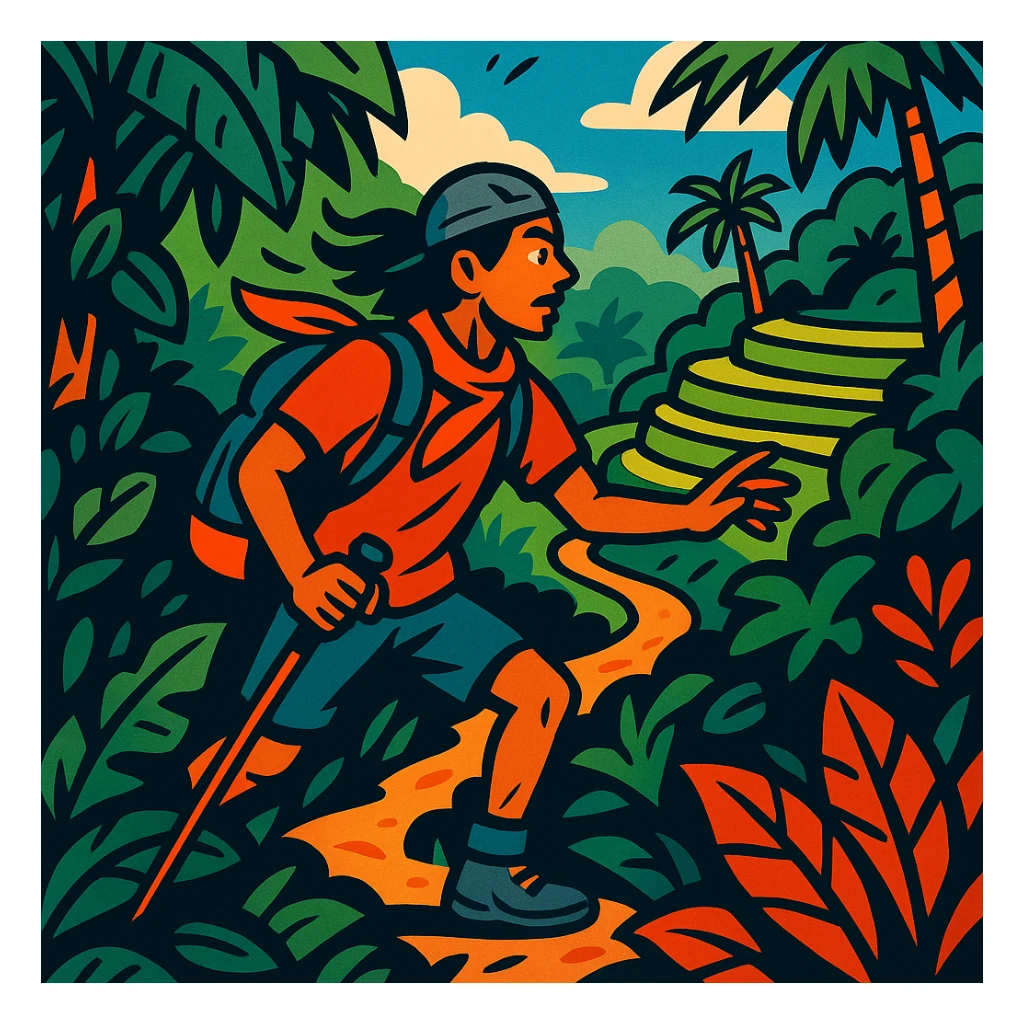 comic book panel 2: the Bali nomad hikes through dense jungle and rice terraces, discovering a hidden path, dynamic action, bold lines, vibrant colors, comic book style sticker