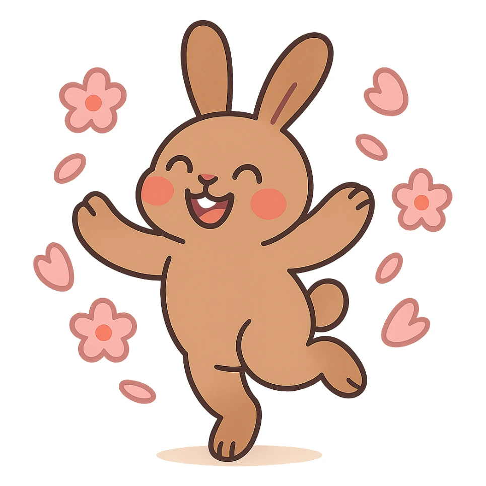 pale brown bunny spinning with flower petals around, pastel-toon style sticker