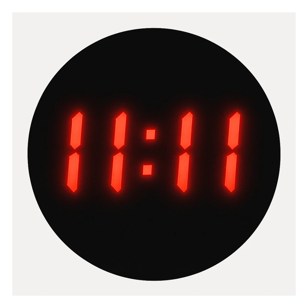emoji with a black circle background, '11:11' in red segmented digital clock font, glowing effect sticker