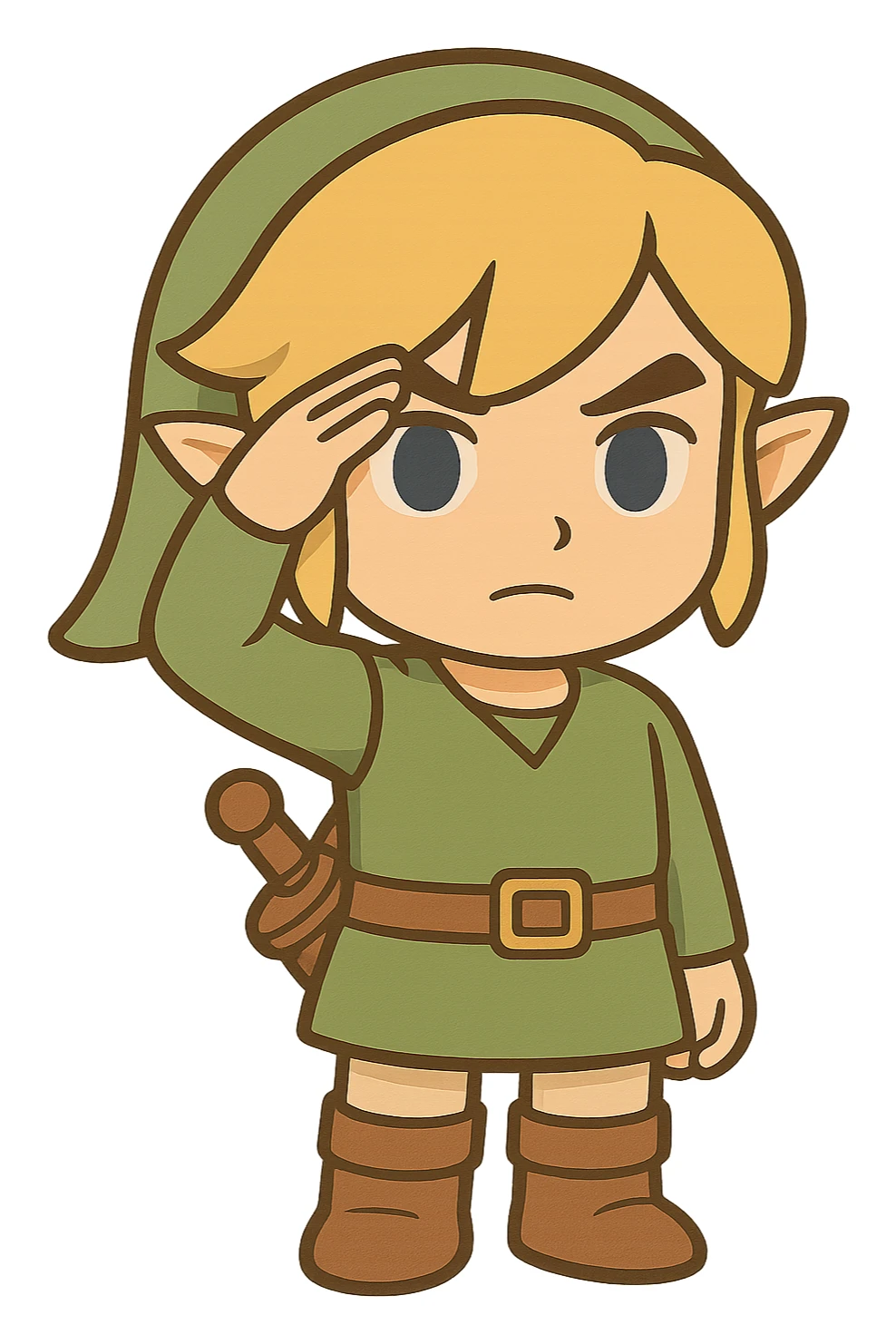 Link performing a military salute with right hand on forehead, serious expression, no text, chibi style, transparent background. sticker