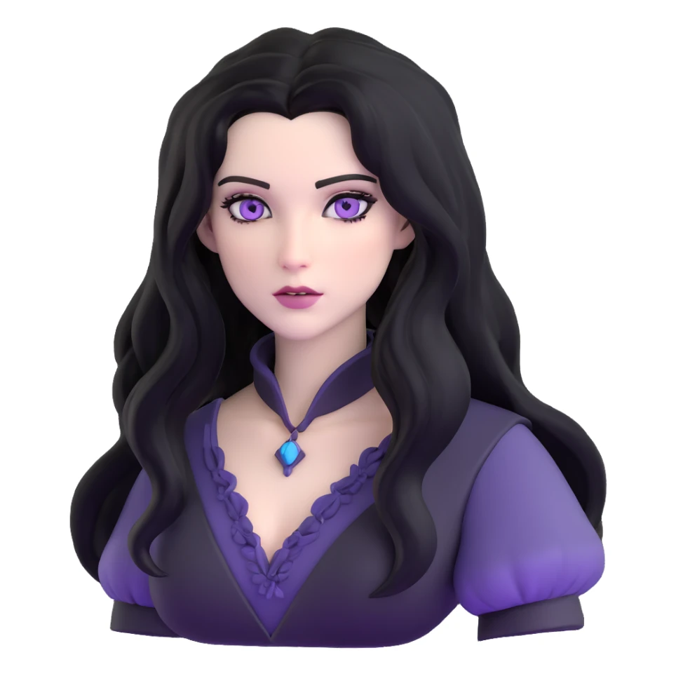 Yennefer from Witcher with long black hair, violet eyes, pale skin, wearing black clothes sticker
