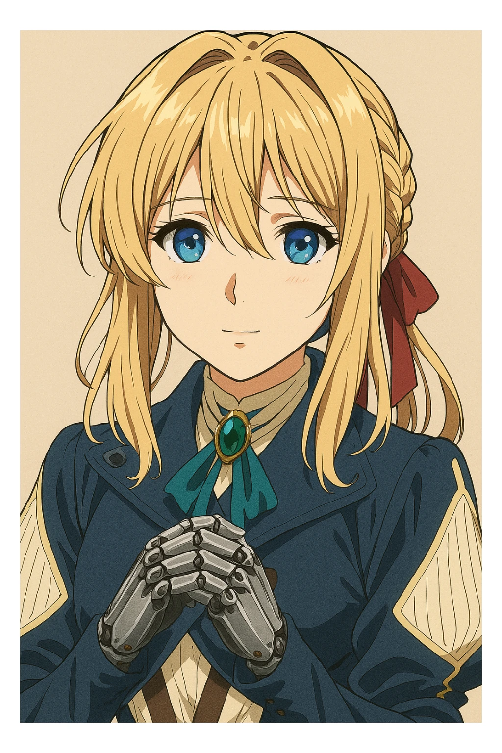Violet Evergarden, close-up portrait in original anime style, gentle expression, mechanical hands visible, crisp and vibrant colors sticker