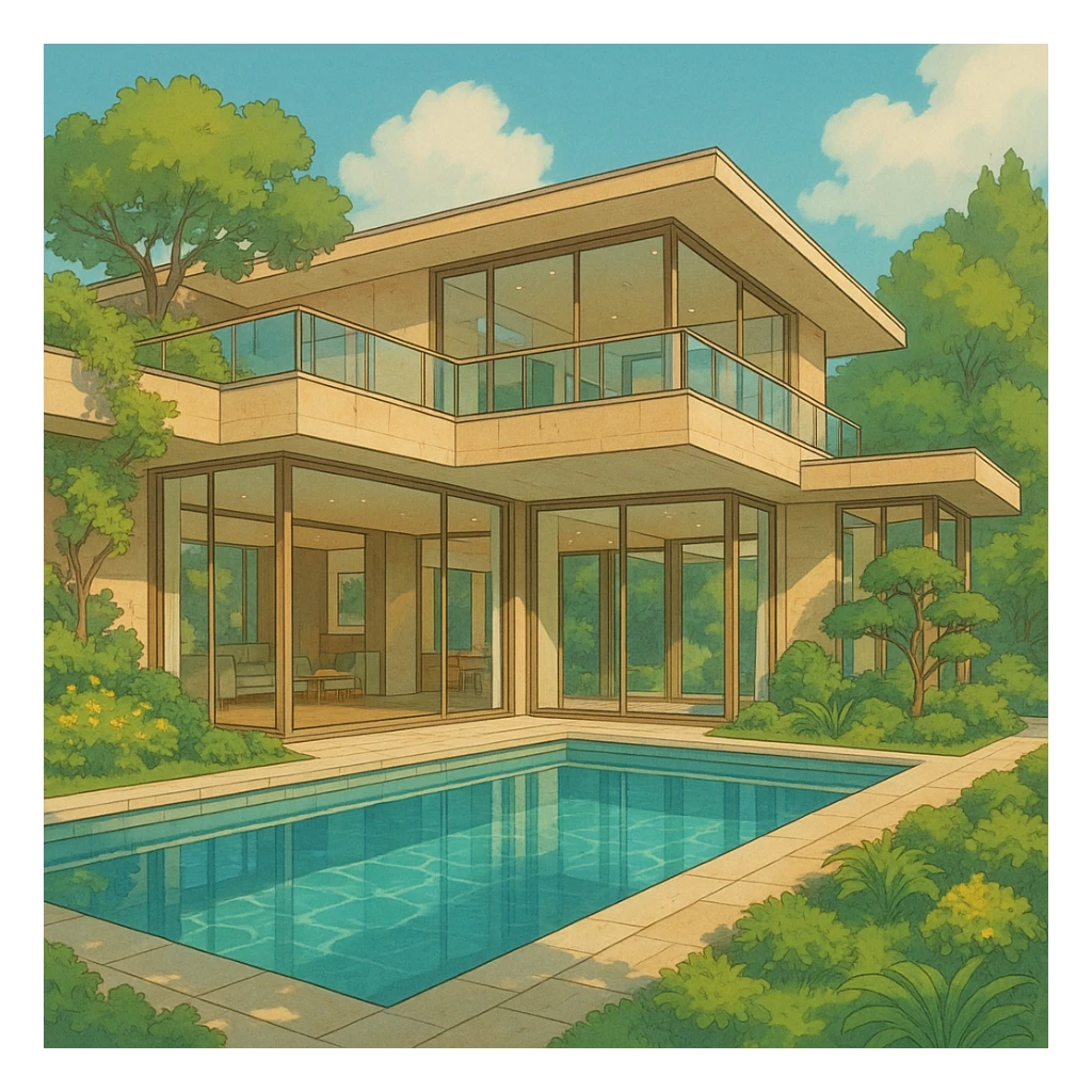 stunning luxury home with large windows and an indoor pool, elegant modern architecture, lush landscaping, ghibli style sticker