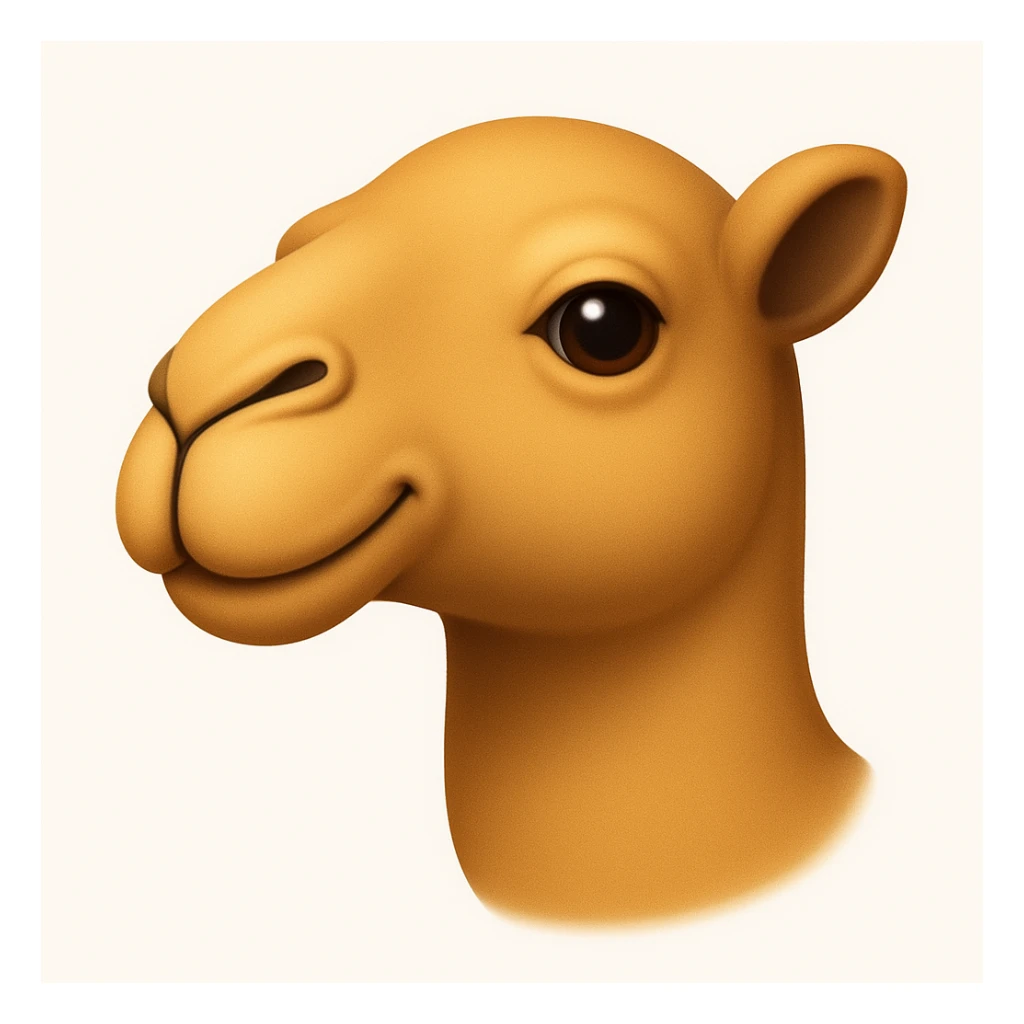 Edit the camel emoji to remove the hat, the green part of its neck, and the thing in or by its mouth. Keep all other details and style exactly like the iOS emoji style reference image. sticker