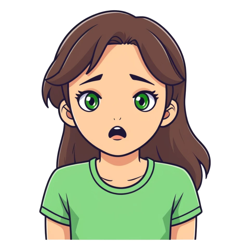 white girl, brunette hair, green eyes shocked  sticker