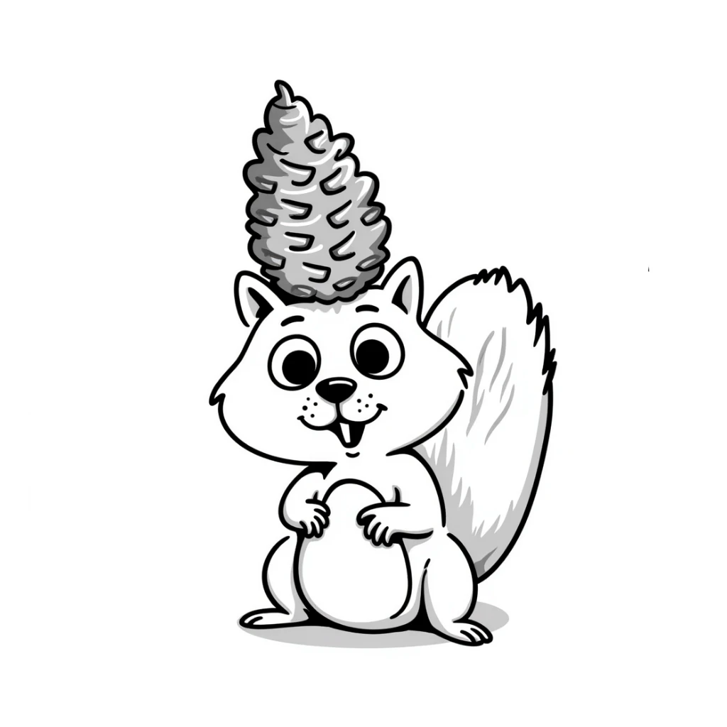 A greedy little squirrel with a large pine cone balanced on top of its head, making a strange, creepy expression sticker