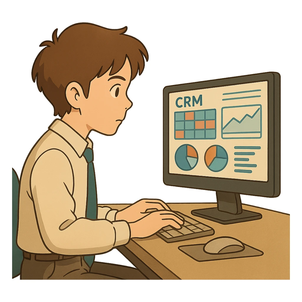 ghibli style office worker with brown hair, focused on CRM dashboard on screen sticker