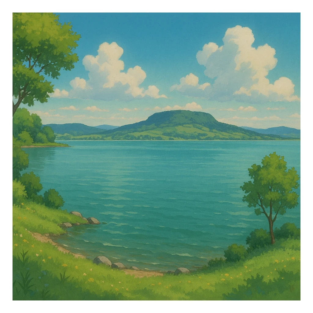 serene landscape of Lake Balaton in ghibli style sticker