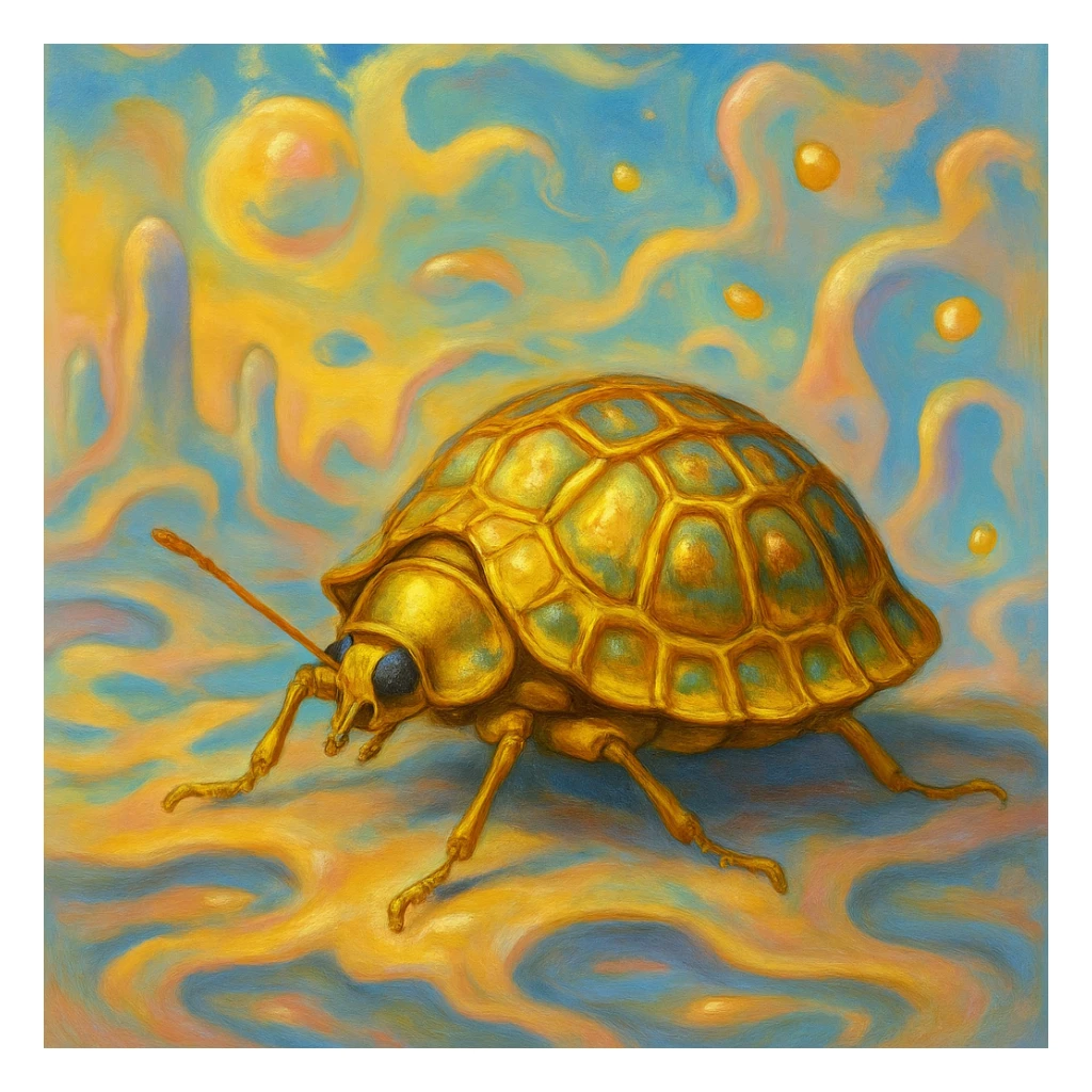Golden Tortoise Beetle with a tortoise shell-like carapace, dreamlike surrealist style sticker