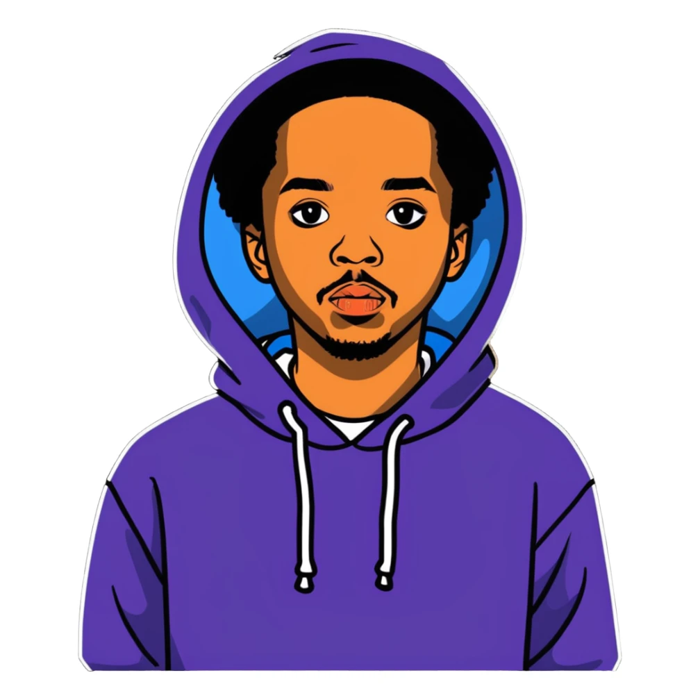 Earl Sweatshirt with hoodie and his distinctive look sticker