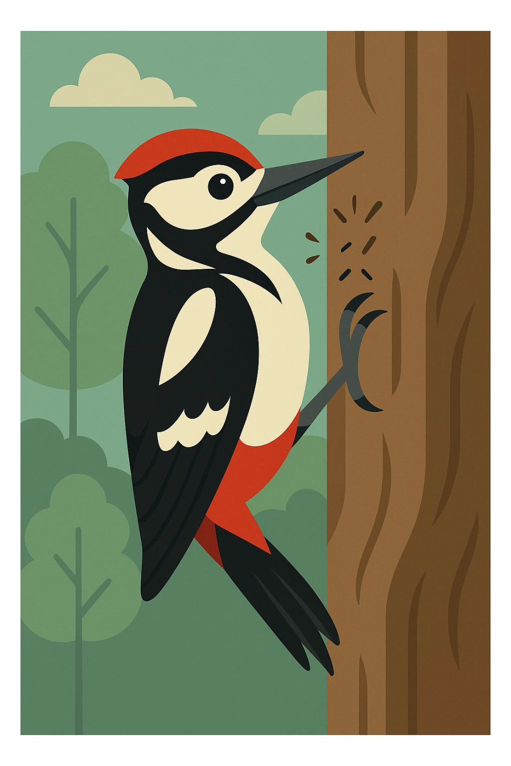 Flat design style woodpecker in the tree sticker