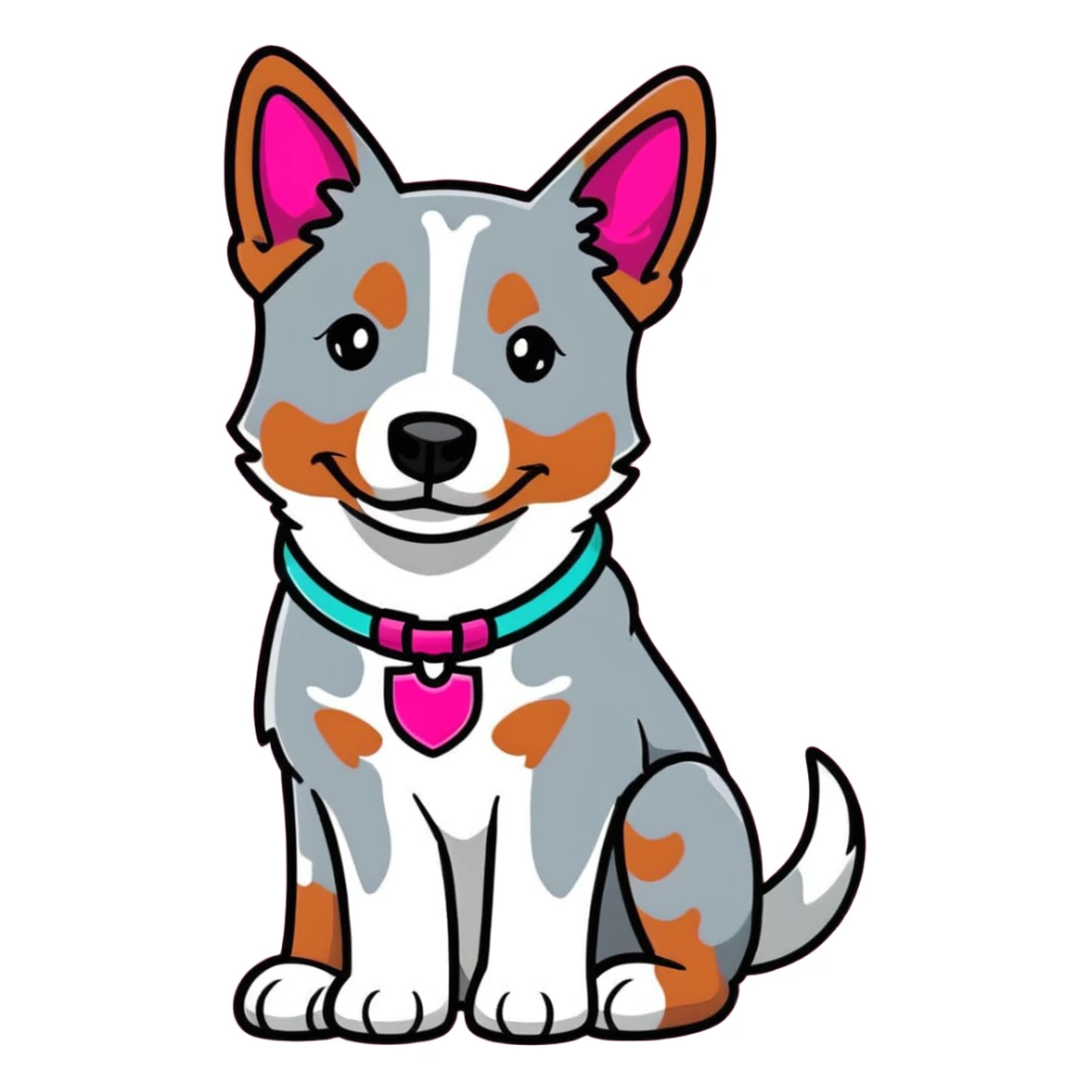 Red heeler cattle dog sitting down facing forward, with a bright pink collar sticker