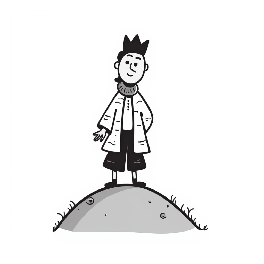 simple black line art of a king on a hill, playful and sketchy sticker