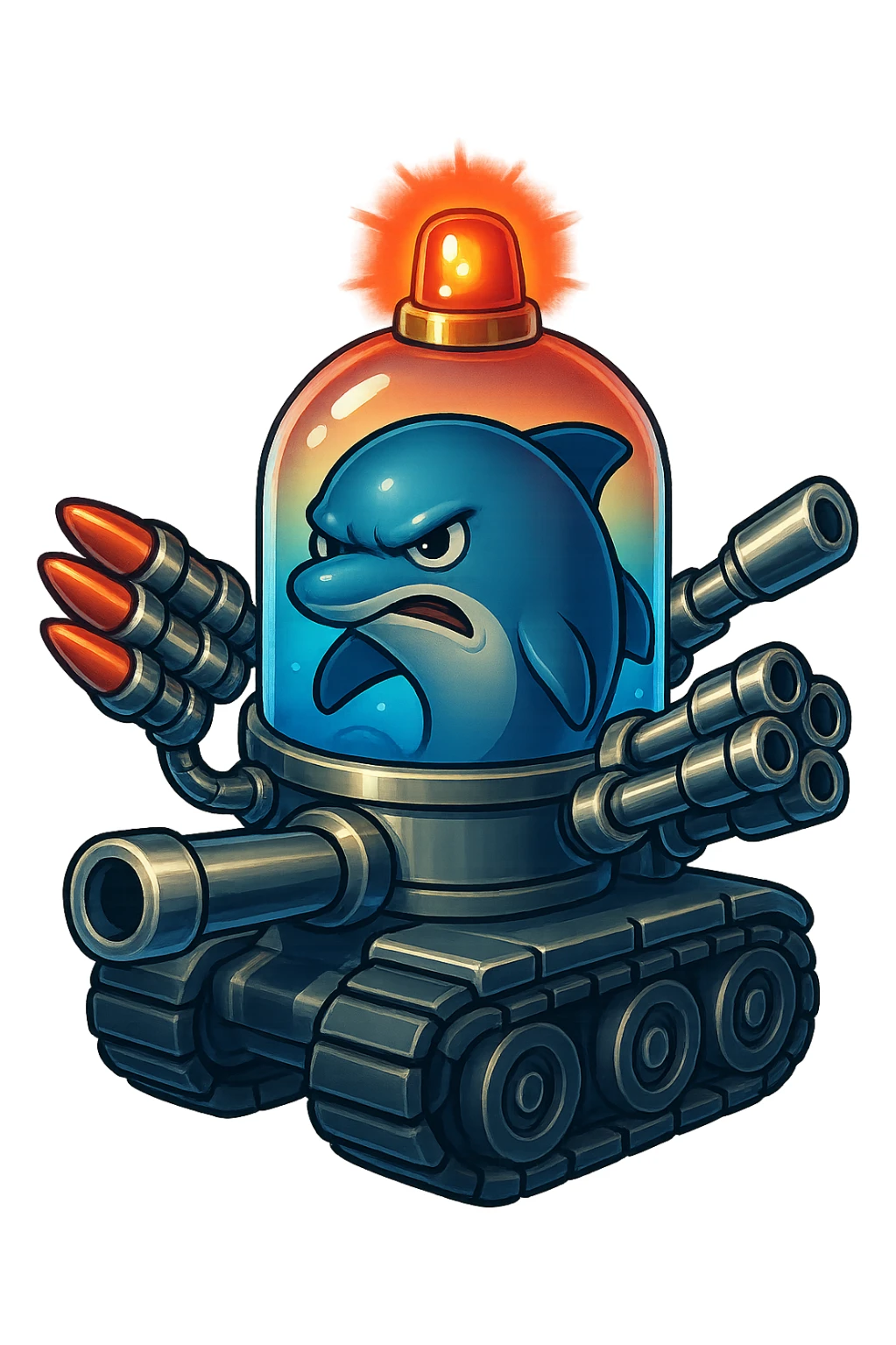 Create an angry-looking dolphin inside a water tank mounted on tank treads. The tank has a shiny metallic look with blue water inside. It is equipped with forward-facing missiles and large guns, and a rotating police light on top. The style is retro sticker with no border, transparent background. sticker