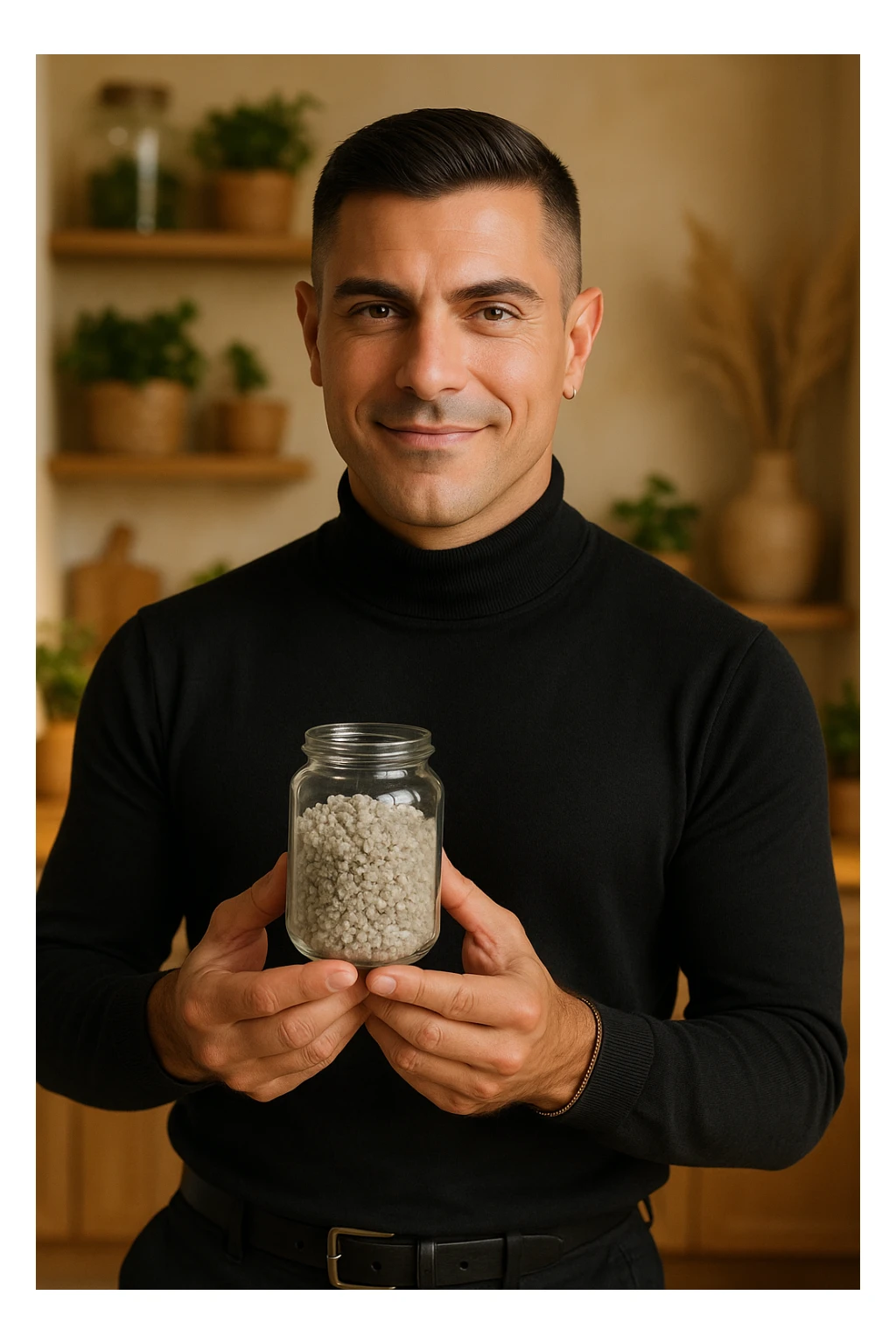 A man in his thirties with a healthy and aware appearance, holding a small glass container with moist gray Celtic salt. He has a proud look and a slight smile, showing the salt as a precious element for health. The background is a natural kitchen or holistic environment with warm natural light, creating a wellness atmosphere. Realistic detail of the salt crystals. Inspired by the face in the reference photo. sticker
