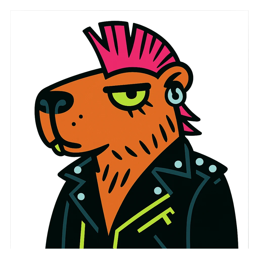 Chigüiro Punketo, a capybara with a punk style: mohawk, piercings, leather jacket, attitude, black and neon color palette sticker