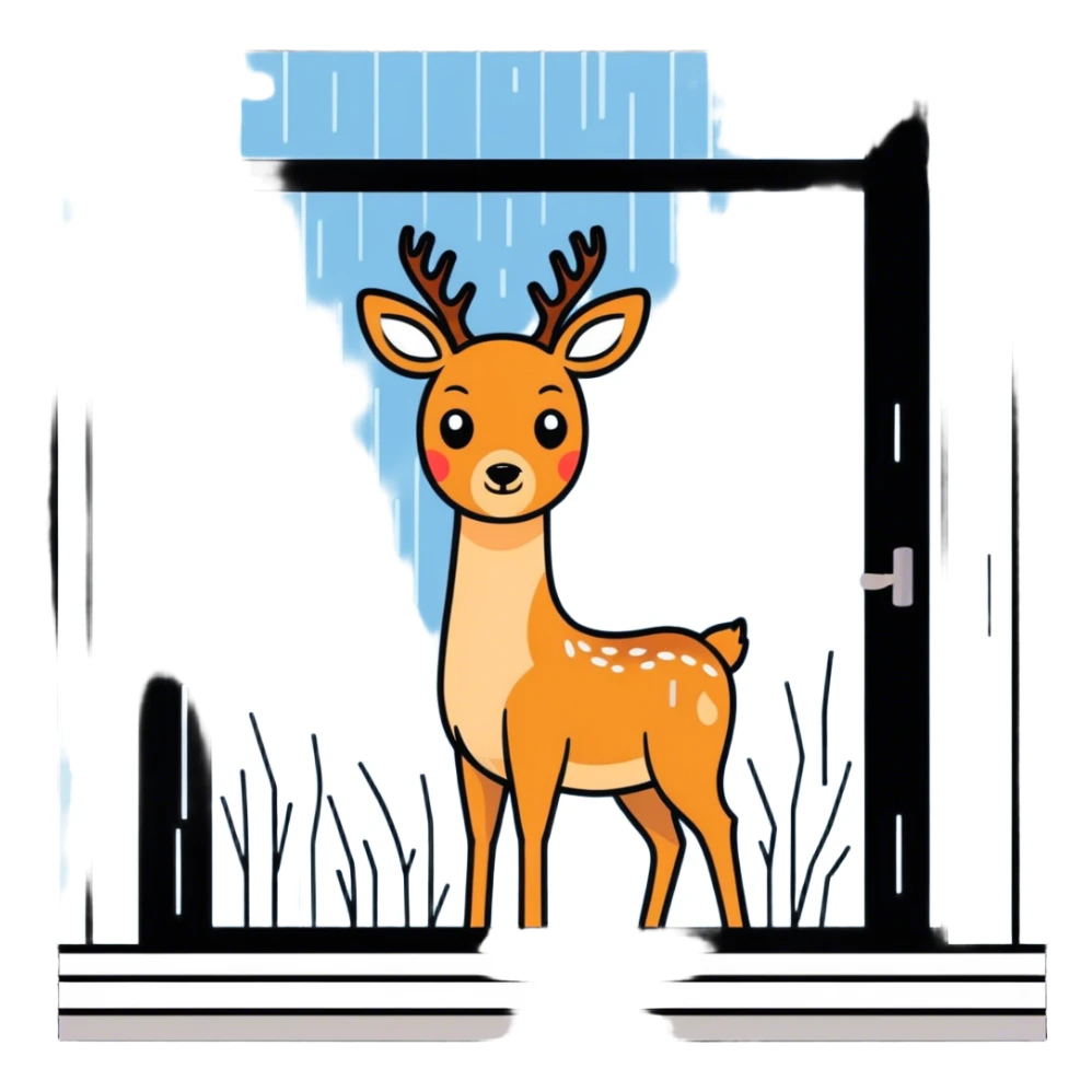 The deer looks sadly out the window in the rain. sticker