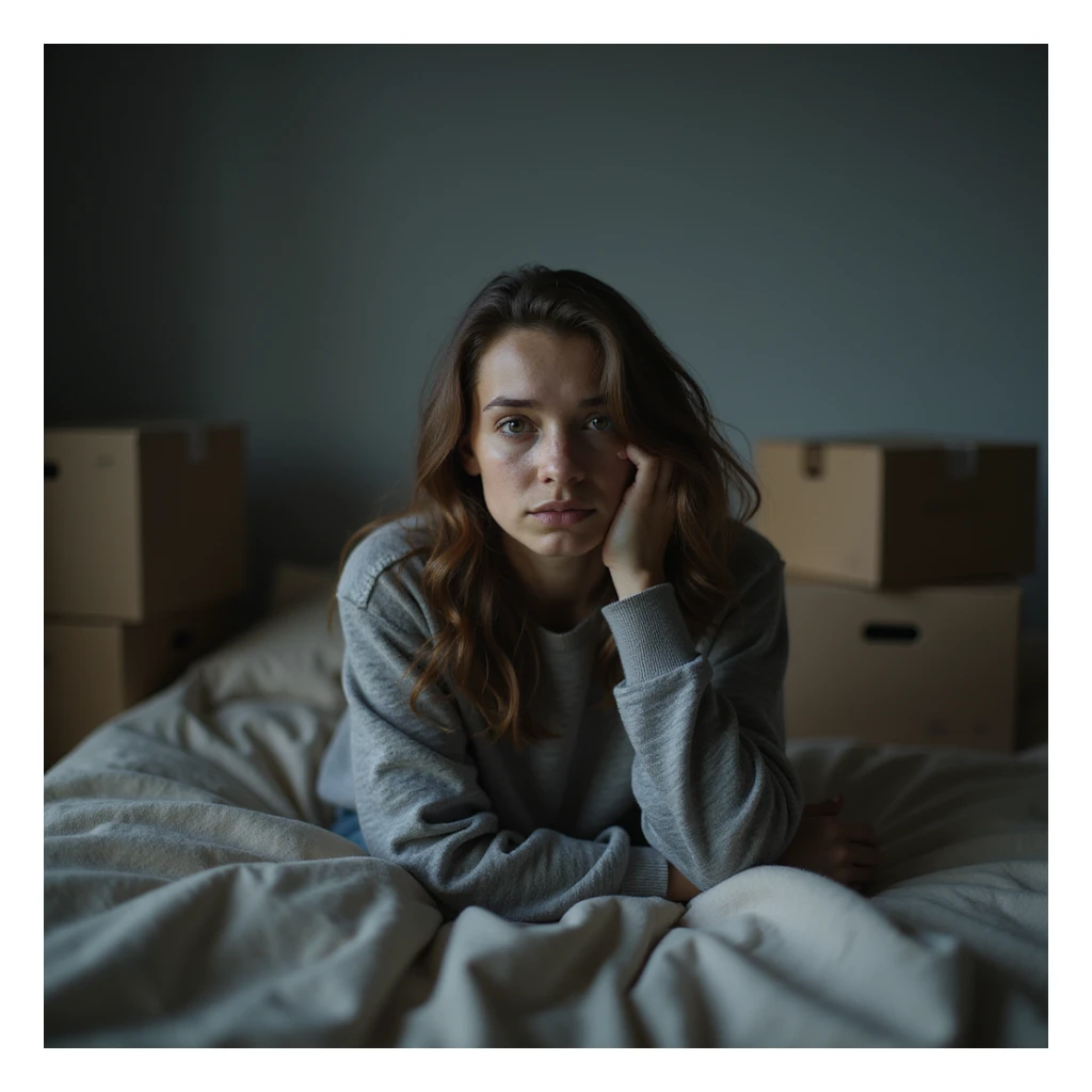 young woman sitting on her bed surrounded by moving boxes, tired face and teary eyes, half-empty room, melancholic atmosphere, cold lighting, hyperrealistic 4K details sticker