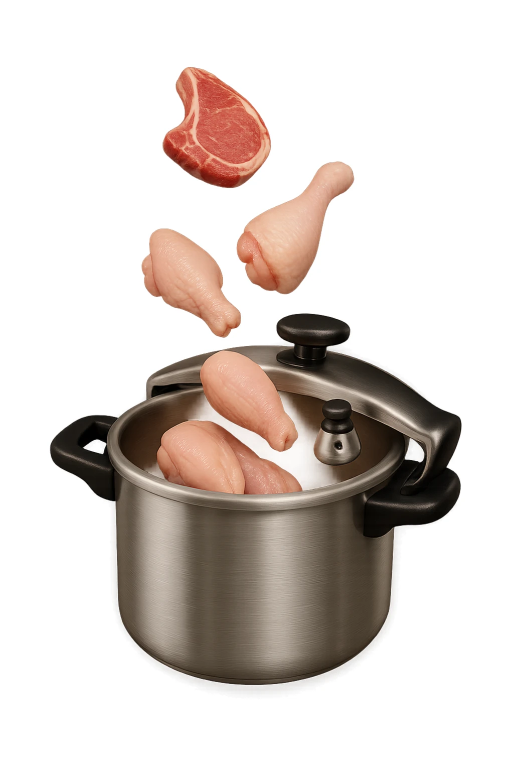 emoji stile iphone in 3d di una pentola a pressione dentro cui cadono agnello, pollo e tacchino crudi da cuocere, iperrealistico 4k sticker