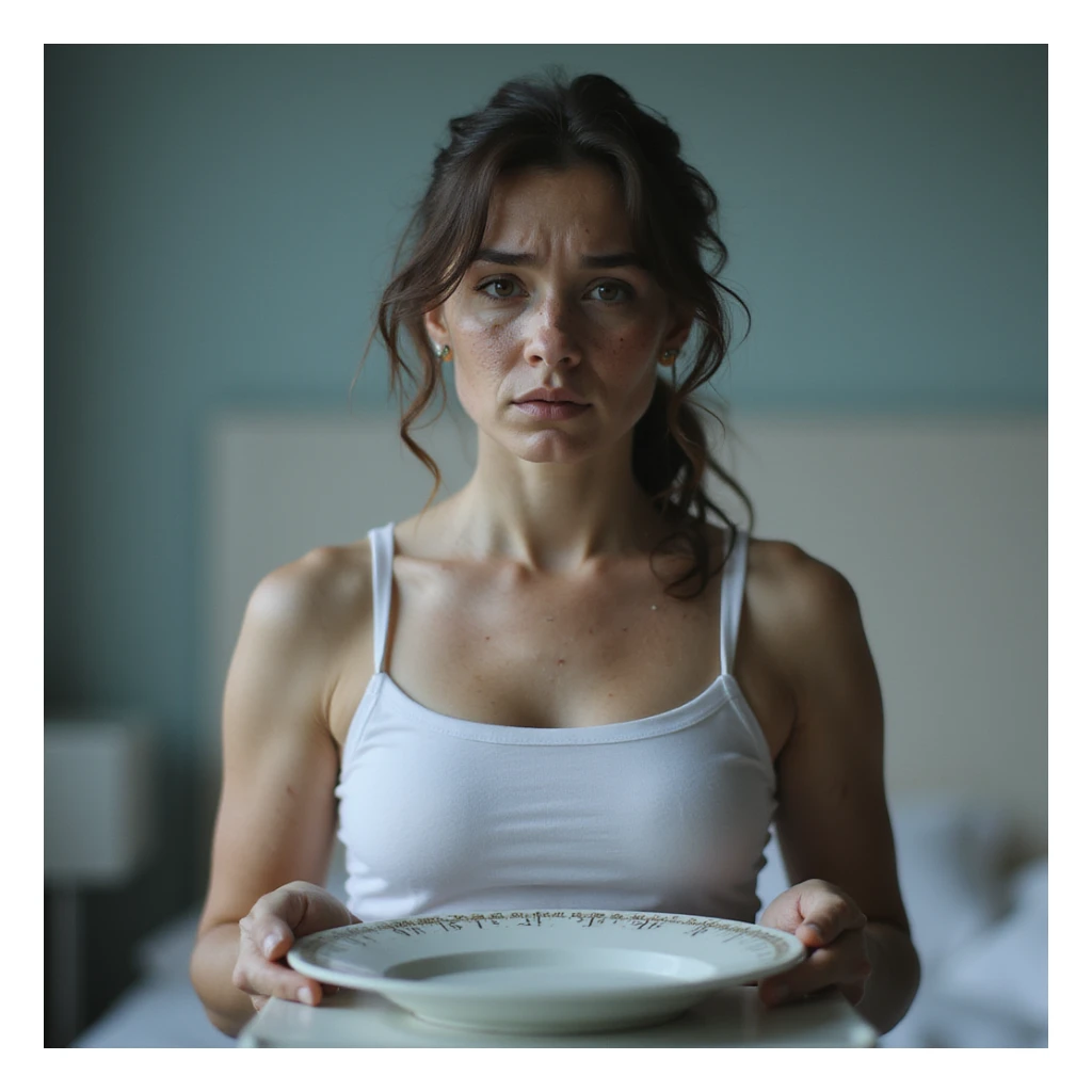 realistic woman with PCOS weighing herself on scale, holding ketogenic plate, disappointed expression, face with acne and facial hair, thin hair, clinical environment, hyperrealistic 4K details sticker