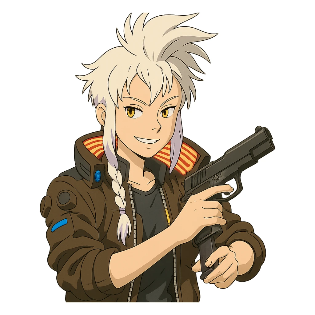 1 female, gold yellow eyes, white hair lavender tips, long white braid, unruly locks in front, mohawk, wearing trademark cyberpunk jacket with the lit up inner collar, reloading a m9 pistol with a smirk sticker