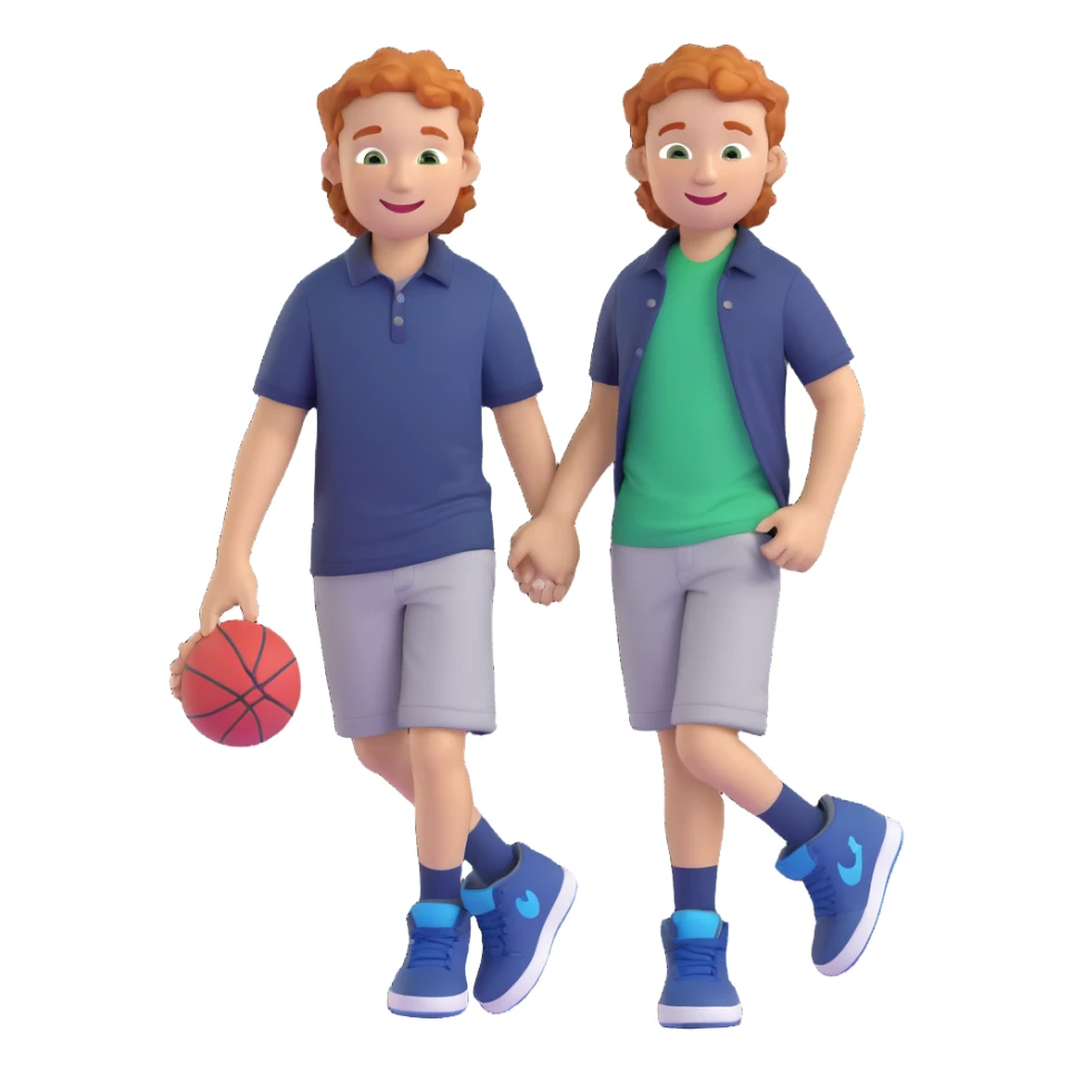 a smiling boy with wavy ginger hair, short sides and longer on top, green grey eyes, dark blue shirt, holding a Jordan sneaker sticker