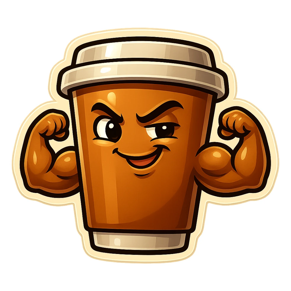 Tall coffee cup, showing off muscles, smirking, flirty sticker