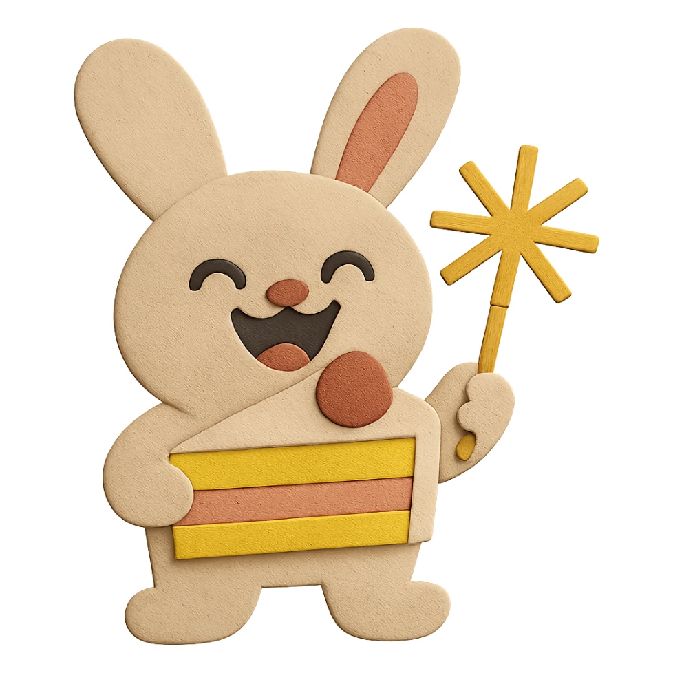 Improve the overall visual appearance of the bunny to be well-shaped, balanced, and even more appealing. Make sure the design matches the laugh face and keeps the paper-craft style, cake slice, and sparkler. sticker