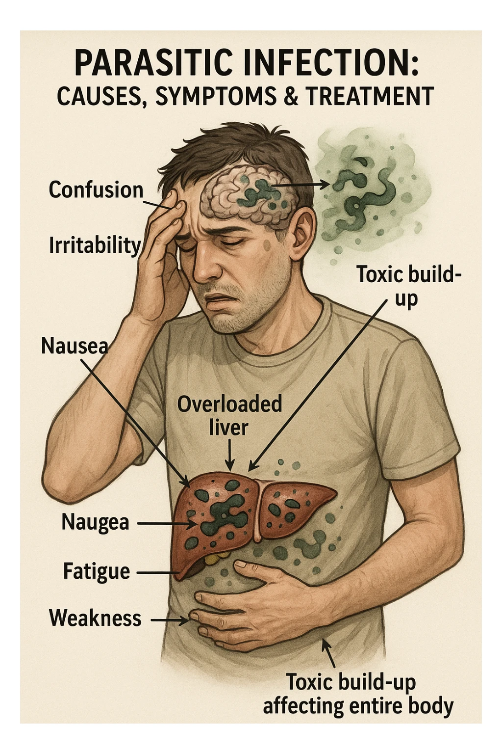 "Man feeling increasingly unwell as his liver fails to filter toxins, nausea, tiredness, and weakness overwhelming him as toxins infiltrate his brain causing confusion and irritability Parasitic Infection: Causes, Symptoms & Treatment, expression of mental fog and physical exhaustion, liver shown as overworked organ with reduced filtration capacity, toxic buildup affecting entire body systems" in italiano sticker