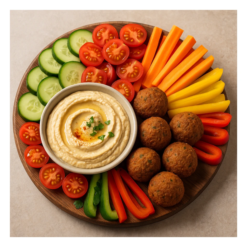 a Mediterranean vegetarian platter with hummus, falafel, and fresh vegetables sticker