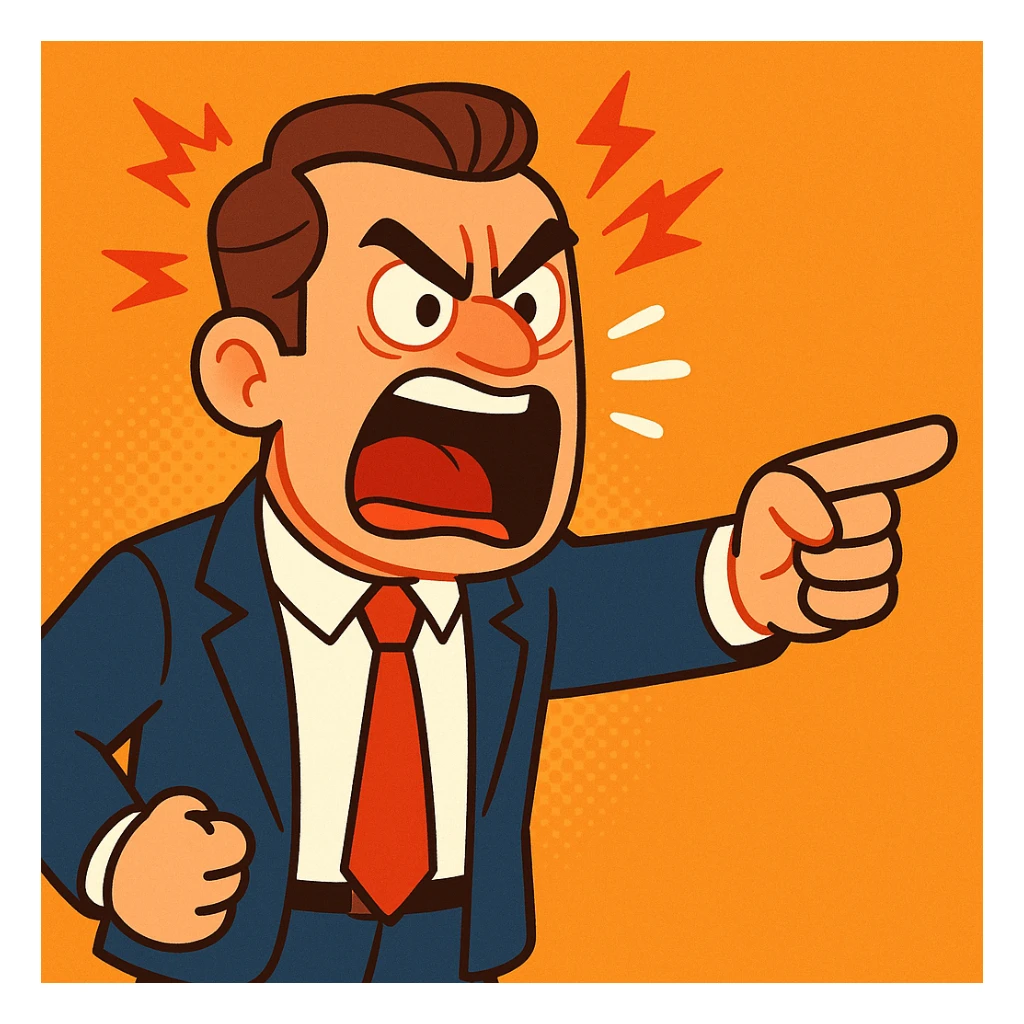 male boss shouting, furious expression, pointing finger, formal clothes, animated style sticker