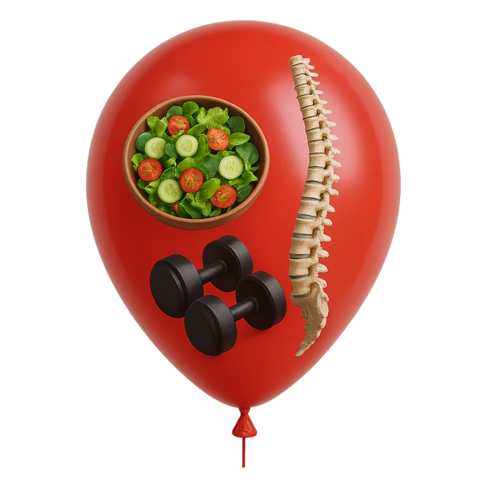 palloncino rosso con all'interno insalata, manubri da palestra e una spina dorsale anatomica realistica in 3d, isolato su sfondo bianco sticker